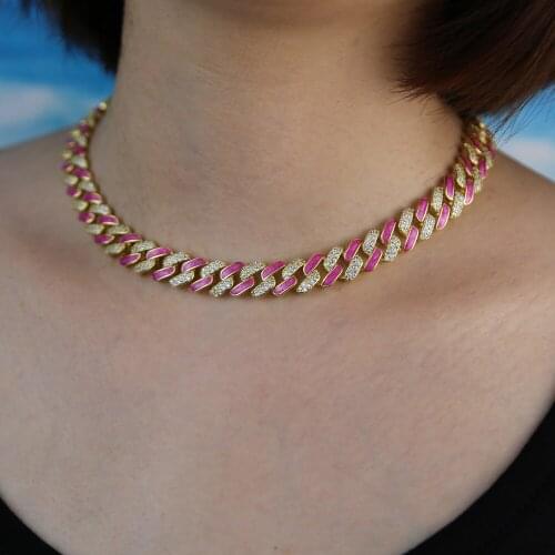 Iced out women wide cuban chain choker necklace with enamel red colorful women hip hop necklace wholesale miami chain jewelry