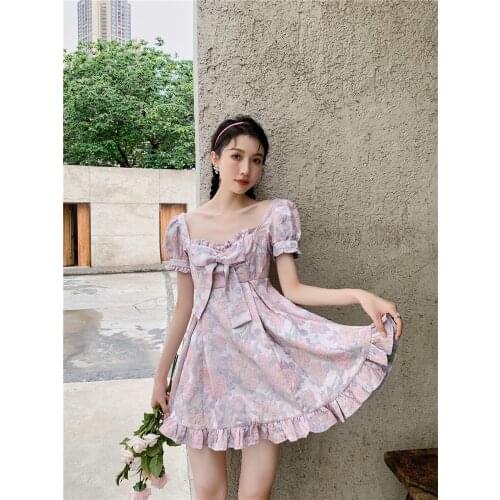 Women Sexy Backless Puff Sleeve Square Neck Pink Dress Elegant Summer Ball Gown Designer Mini Floral Jacquard Bow Dress