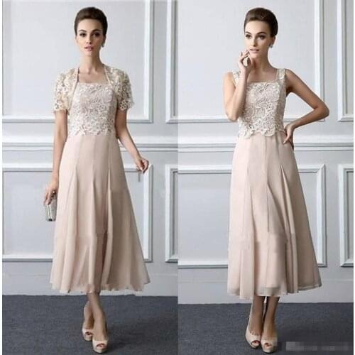 Two Pieces 2018 Tea Length Lace Formal evening gown Elegant Customized vestido novia Mother of The Bride Dresses with jacket