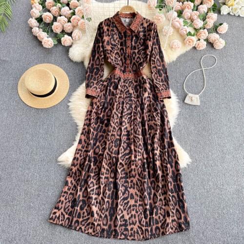 Vintage Leopard Dress 2021 Fall Long Sleeve POLO Collar Wine Party Clothing Office Lady Ankle Legnth Slim Elegant Dress Women