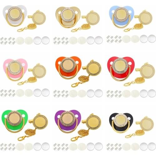 10 Sets Pack Blank Baby Pacifier With Clips Personalized Golden Bling Silicone Infant Nipple Sublimation Dummy Newborn Pacifier