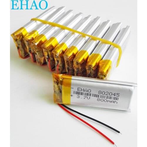 Wholesale 10 pcs EHAO 802045 3.7V 800mAh Lithium Polymer LiPo Rechargeable Battery For Mp3 PAD DVD E-book bluetooth headset
