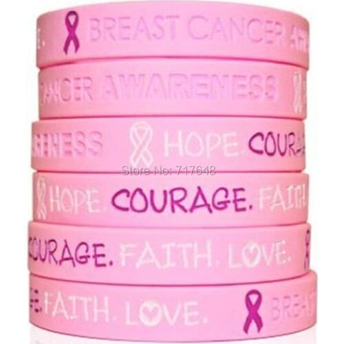 300pcs Debossed Pink Beast Cancer Awareness Hope Faith Courage Love wristband silicone bracelets free shipping by FEDEX