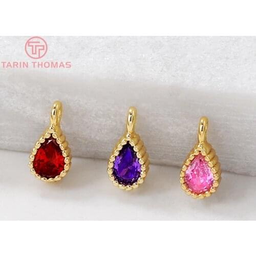 6PCS 4x8MM Hole 1MM 24K Gold Color Plated Brass with Zircon Water Drop Charms Pendants High Quality Diy Jewelry Accessories