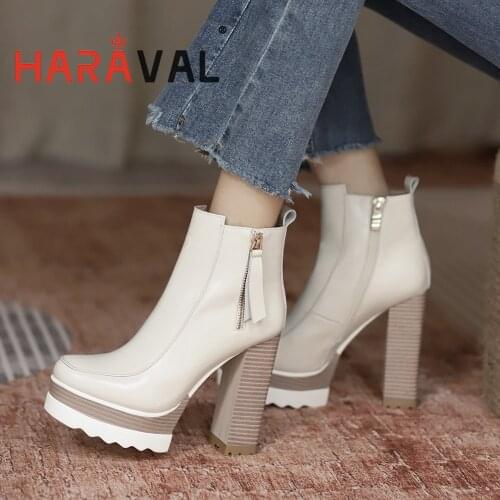 HARAVAL Women Ankle Boots Shoes High Heels White Black Thick Bottom Elegant Fashion Motorcycle Boots Shoes Women Leather E450L