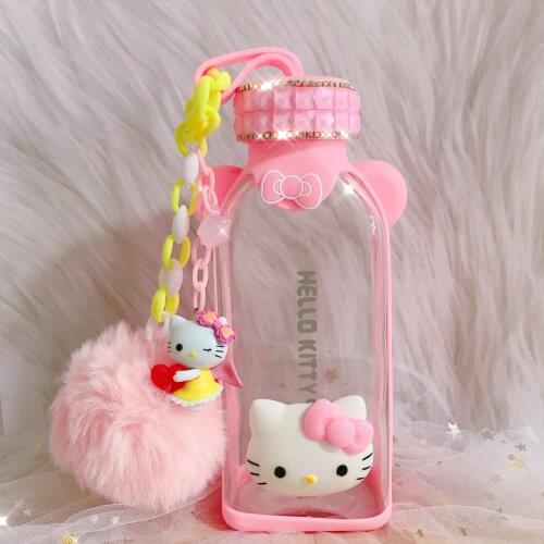 350ml Cartoon Water Bottles Flat Glass Helloo Kitty Adult Kids Kawaii Bottle with Anti-scald Silicone Sleeve Eco Friendly Cute