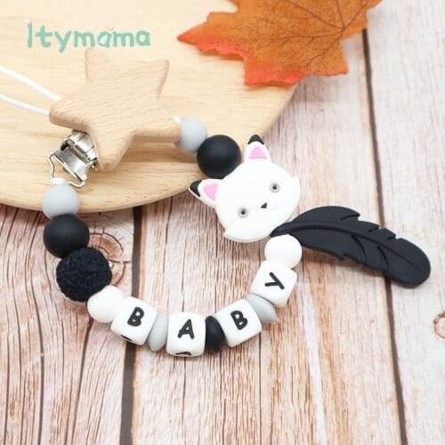1PC Baby Pacifier Chain Personalized Name Wooden Pacifier Clips Fox Silicone Beads BPA Free Teething Teether Dummy Clips Holder