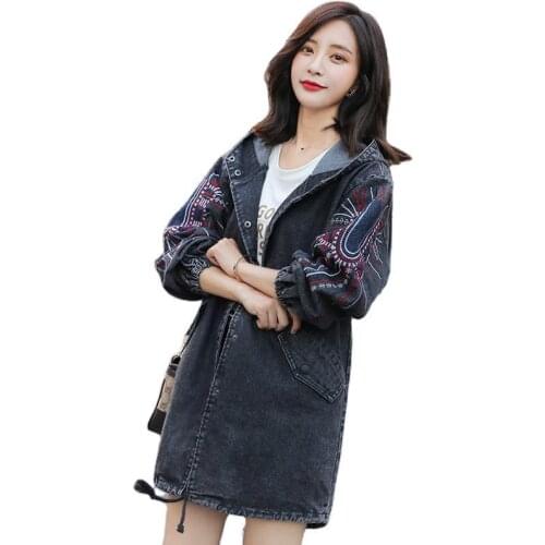 Denim Windbreaker Women New Spring Autumn Cowboy Jacket Female Oversize Fashion Casual Embroidery Loose Hooded Overcoat Ladies