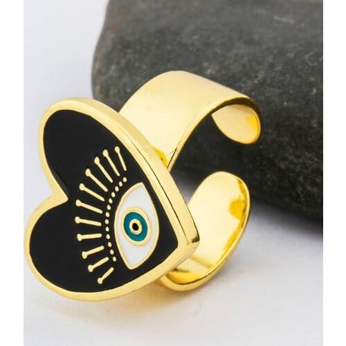 Enamel Evil Eyes Heart Opening Design Women Ring Adjustable Girl Gift Gold Color Female Party Statement Wedding Jewelry Rings