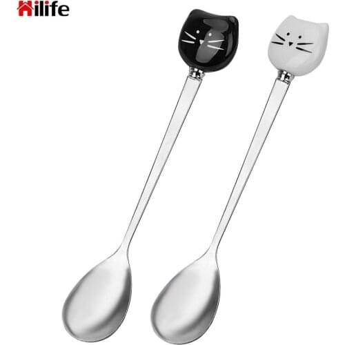 Cat Ceramic Spoon Stainless Steel Coffee Spoon Ice Cream Cartoon Spoon Kitchen Tool Flatware