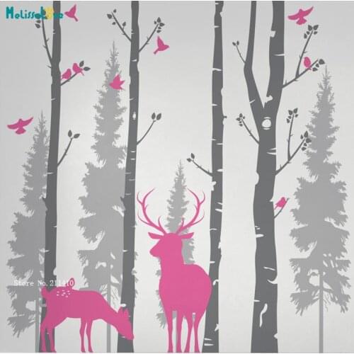 Birch And Fir Forest With Elk And Birds Home Decor For Kids Art Wall Sticker Elk and Birds Colorful Vinyl Decals YT3734