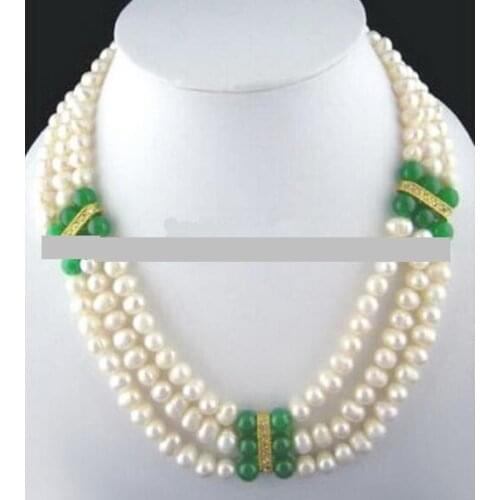 Pretty 3 Rows Genuine 7-8mm White Pearl & 8mm Green Jade Beads Necklace 17-19"