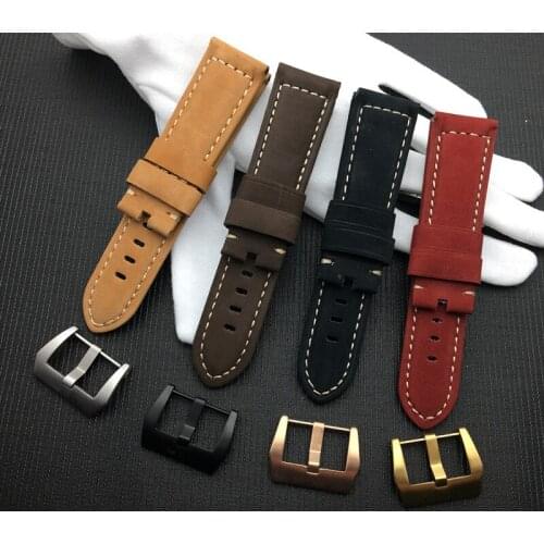 Watch band 22mm 24mm 26mm retro Red Black dark brown handmade Genuine nubuck Leather Watchband For PAM111/Panerai strap buckle