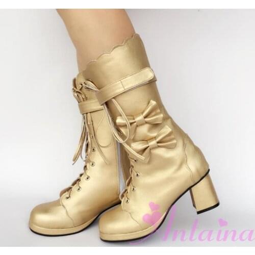 Japanese Style Sweet Gold Lolita Mid-Calf Boots Lace Up Bow Princess Boots Chunky High Platform Autumn Boots