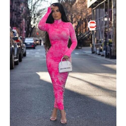 HAOOHU Sexy Tie Dye Print Long Sleeve Bodycon Maxi Dress Women Vestidos 2020 Spring Clothes Turtleneck Night Club Party Dresses