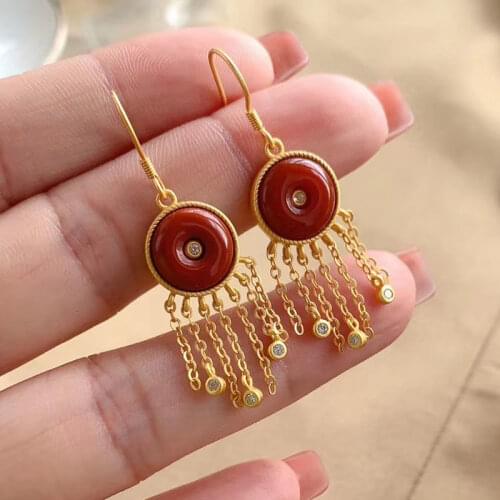 Natural South Red Agate Earrings Sterling Silver Gold Plated Holiday Gift Heart-Shaped Eardrops Original Cool Elegant Graceful E