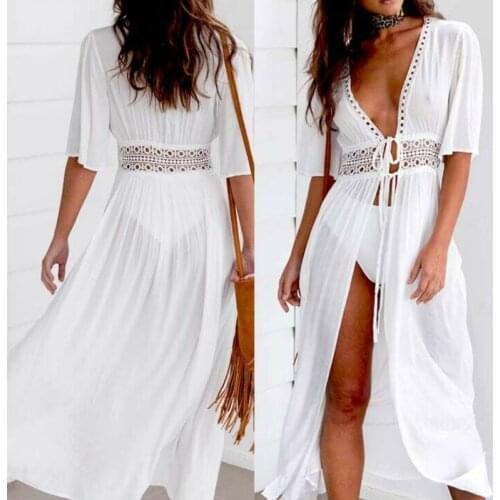 Plus size Womens Half Sleeve Hollow Out Bandage Bikini Cover Up Swimwear Beach Maxi Wrap Kimono Kaftan Dress
