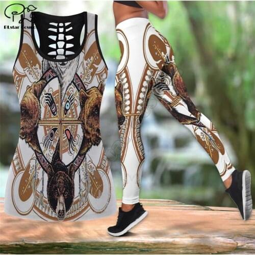 PLstar Cosmos Women for girl Workout Pants Bear wolf 3D Printed Hollow Tanktop sexy Yoga Retro Suit Fitness Soft Legging