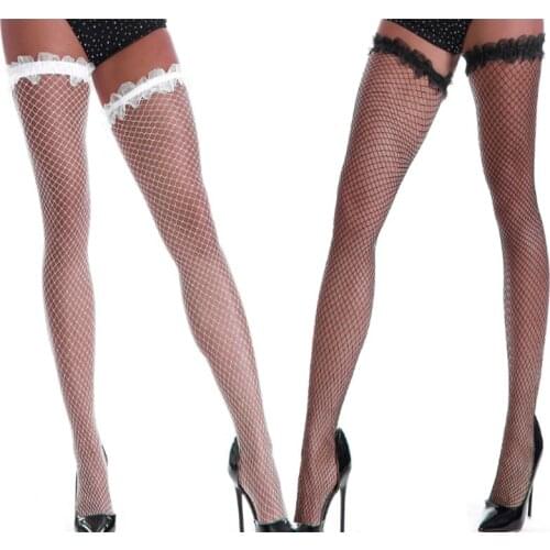 Women Sexy Ruffles Lace Top Thigh High Stockings Solid Color Hollow Out See-Through Diamond Fishnet Over Knee Long Socks