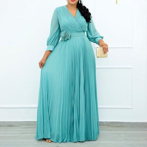 Plus Size Women Clothing Autumn New 2021 Fashion Dress Splicing Folds V-neck Long Sleeve High Waist Solid Color Commute