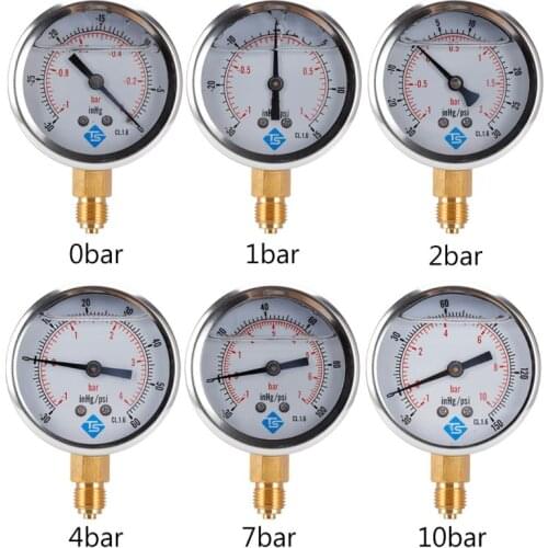 Compound Pressure Vacuum Gauge Glycerine Filled -1/10Bar & -30*Hg 1/4 BSP Bottom