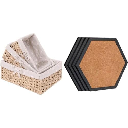 4 Packs Cork Board Pin Board, Cork Boards for Walls with Frame & 3Pcs Handmade Rattan Storage Baskets S M L