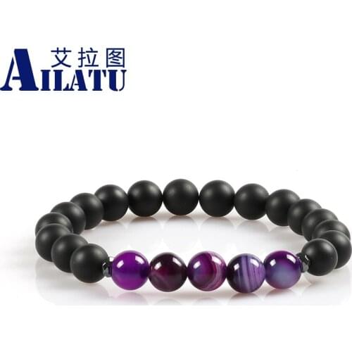 Ailatu Fashionable Bracelet Jewelry Made of 8mm Black Matte Stone and Purple Stripe Onyx Beads for Unisex