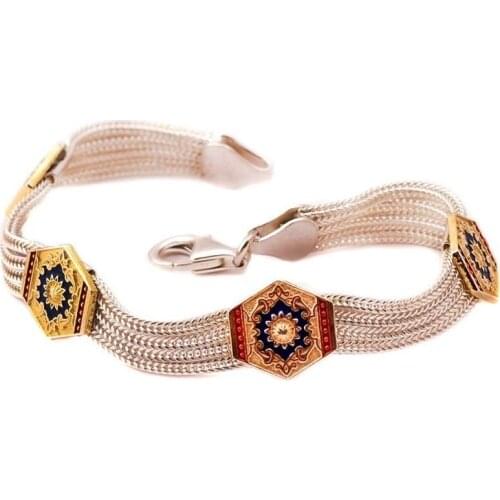 Authentic Turkish Mardin Midyat Straw "Hittite Motif" Bracelet Handmade Enamel Silver Bracelet 925 Sterling Silver Elegant Girls