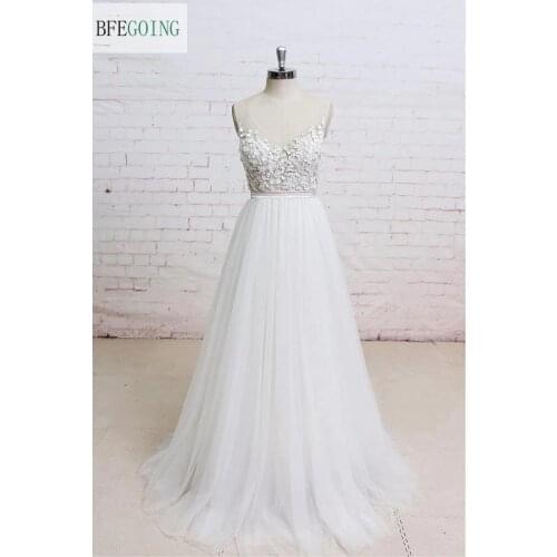 White V-Neck Appliques Tulle Floor-Length A-line Wedding dress Sleeveless Real/Original Photos Custom made