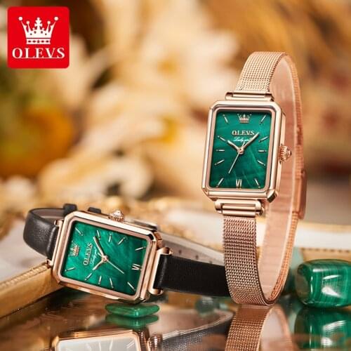 OLEVS ladies watch fashion square ladies quartz watch bracelet green dial simple rose gold mesh luxury ladies watch Montre femme