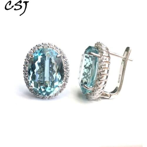 CSJ blue topaz quartz gemstone noble Earring Sterling 925 Silver oval12*16mm 18Ct Fine Jewelry For Women Lady or mother Gift Box