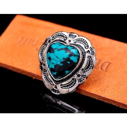 30mm Silver Plated Tribal Flower Carved Heart Turquoise Leather Conchos For Belt Bag Leathercraft Wallet Decor Screwback