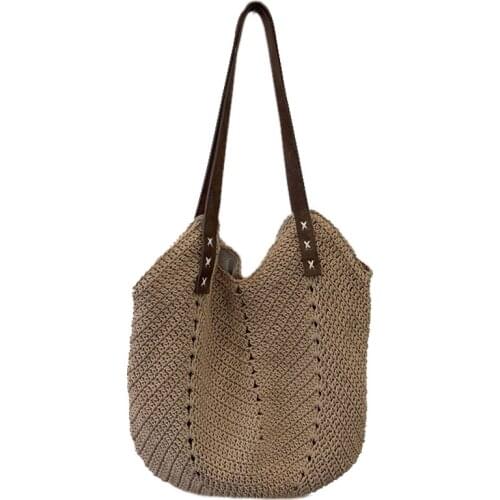 Fashion ular Woven Bag Handmade Cotton Rope Reticulate Woven Shoulder Bag for Holiday/Beach(Brown)