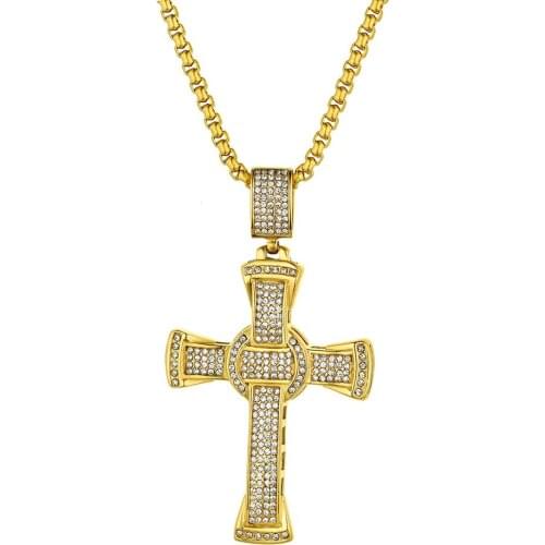 BONISKISS Fashion Gold Color Rhinestone Jesus Cross Pendant Necklace For Men Women Stainless Steel Religious Jewelry Gifts