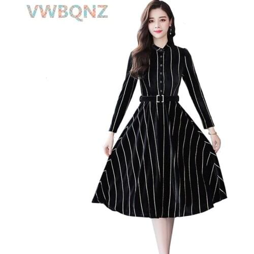 Fashion Women Striped Gold velvet Dress Spring autumn Long sleeve Slim Belt Dress Plus size Single-breasted Female A-line Dress