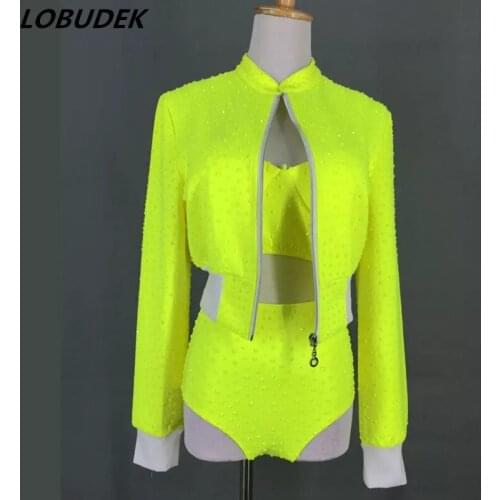 Fashion Three-piece DJ Jazz Hip Hip Women Set Dance Team Performance Costume Fluorescent green Rhinestones Bikini Coat Outfit