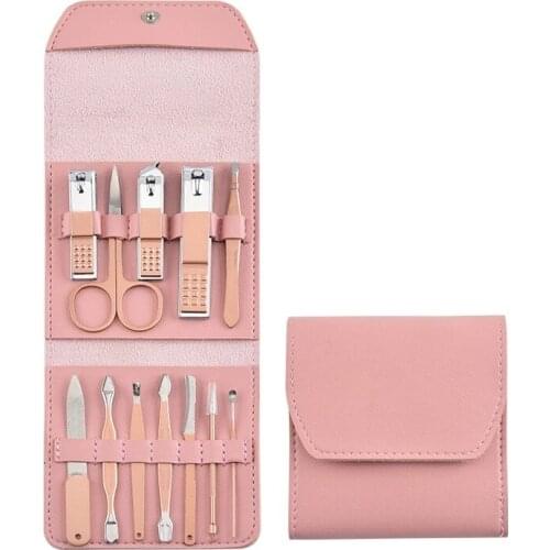 Custom Logo 100set /lot Pink 12pcs Professional Manicure Pedicure Set Kit For Nail Care and Makeup With Portable Leather Bag