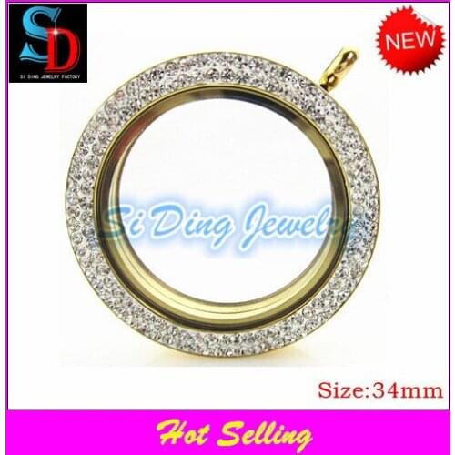 New style stainless steel gold glass lockets necklace round magnetic with pave crystals floating locket 34mm