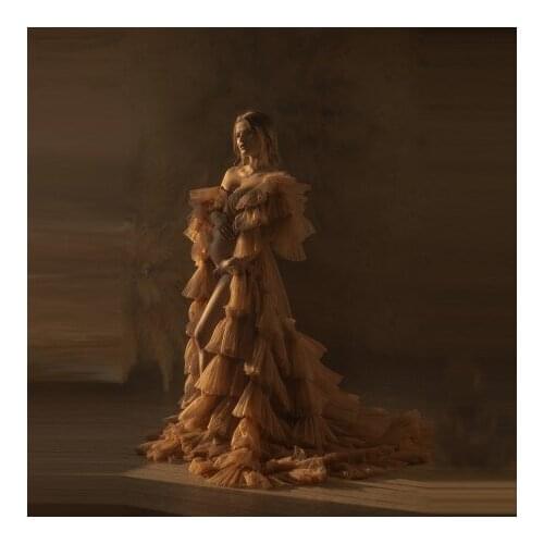 Sexy Pleated Tulle Pregnancy Photography Dresses Sweetehart Short Sleeves With Long Train Custom Made Ruffles Tiered Maternity G