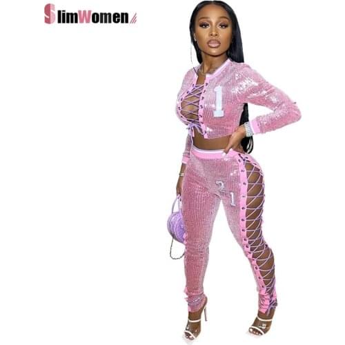 Sexy Fashion Sequined Lace Up Tracksuit Two Piece Bandage Baseball Collar Jacket Crop Top Pencil Pants Set Club Sequins Outfits