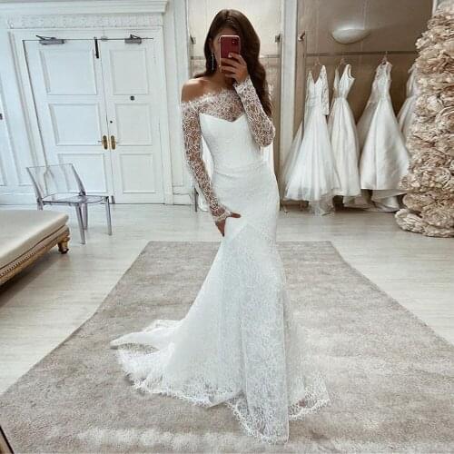 Sexy White Mermaid Lace Bride Dresses Boho Long Sleeves Off Shoulder Countryside Custom Made Beach Wedding Party Gowns 2021