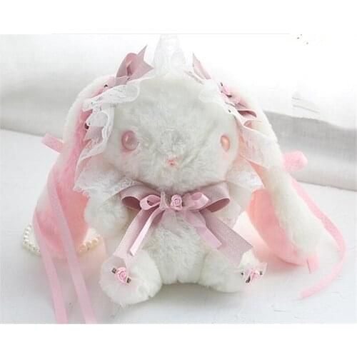 Handmade Plush Bear Handbag Cosplay Cute Rabbit Lolita long ear Furry Bags With Pearl Chain B1201
