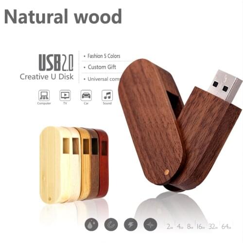Natural Wood USB Flash Drive Swivel 5 Colors Pen Drive Custom Logo USB Memory Stick Gift Pendrive 64GB 32GB 16GB 8GB 4GB 2GB