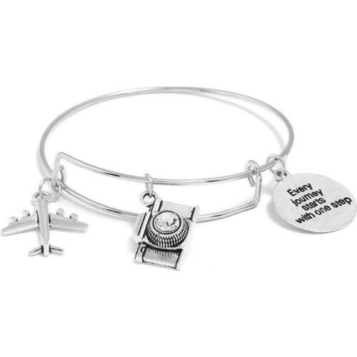 Vintage Camera Charms Bangle for Women Airplane Dangle Pulsera Men Letter Every joumey starts with one step Bracelet Girl Bijoux