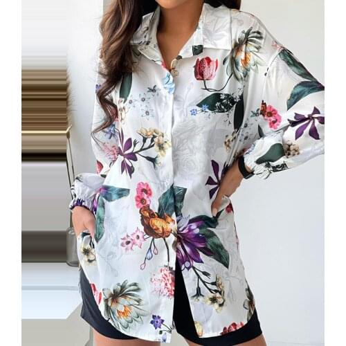 2021 Autumn Long Sleeves Shirt Fashion Casual Turn-down Collar Printed Lady Blouse Vintage Elegant Loose Female Street Beach Top