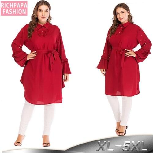 Plus Size Red Long Sleeve uae Abaya Dubai Muslim Chiffon Ruffles Hijab Shirt Women Kimono Blouse Camisas Roupas Feminina