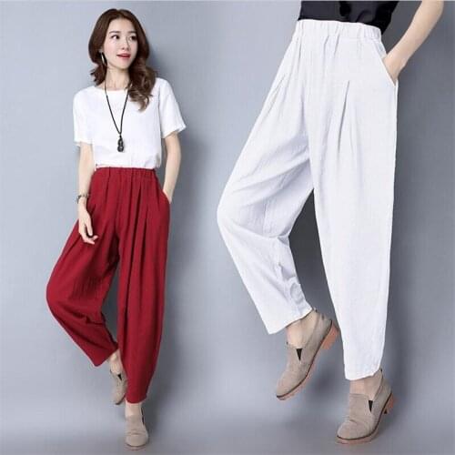 Plus Size Women Pants M-7XL 2020 Summer Autumn Solid Long Harem Pants Casual Retro Cotton Linen Turnip Pantalon