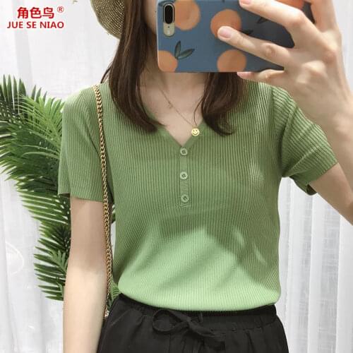 Woman Sweaters Character Bird Ice Silk Sweater Womens Short-Sleeved V-neck Summer T-shirt Slim V-neck Top