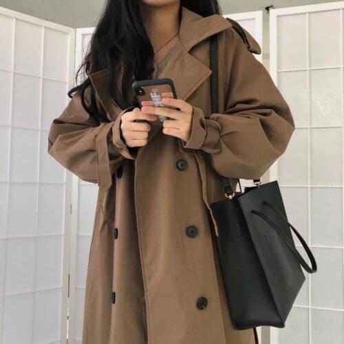Vintage Fashion 2021 Winter Women Stylish Double Breasted Chic Oversize Long Trench Coat Solid Belt Patchwork Casual Windbreaker