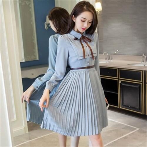 Spring and autumn womens new fashion temperament ladies pleated long-sleeved college wind chiffon dress